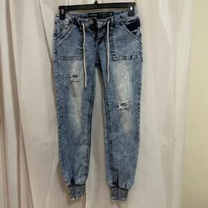 Ranbeeri Jeans Jogger 27 USA Sz 3 Button Drawstring Stretch Blue Bleached Ripped